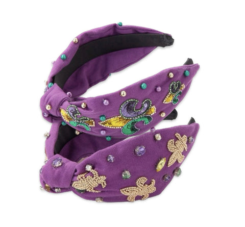 Sequin Pearl Beaded Fleur de Lis Mardi Gras Knot Headband