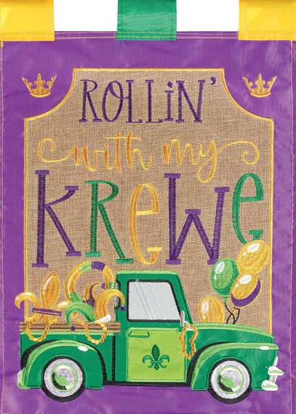 ROLLIN' WITH MY KREWE TRUCK BURLAP Garden Flag