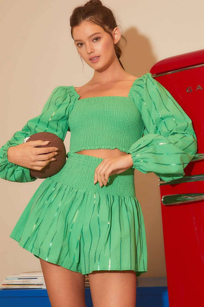 Sequin KELLY GREEN Smocked Puff Sleeve Cropped Top