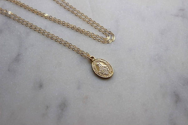 Gold Virgin Mary Necklace, Religious Necklace, Medium