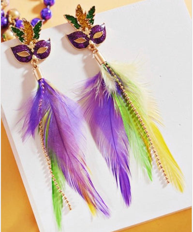 Mardi Gras Glittered Mask Feather Earrings