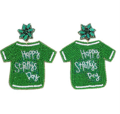Happy St. Patrick’s Day Shirt Rhinestone Beaded Earrings