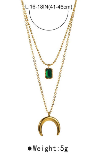 18K Gold Wrapped Double Layered Crescent Moon Green Stone