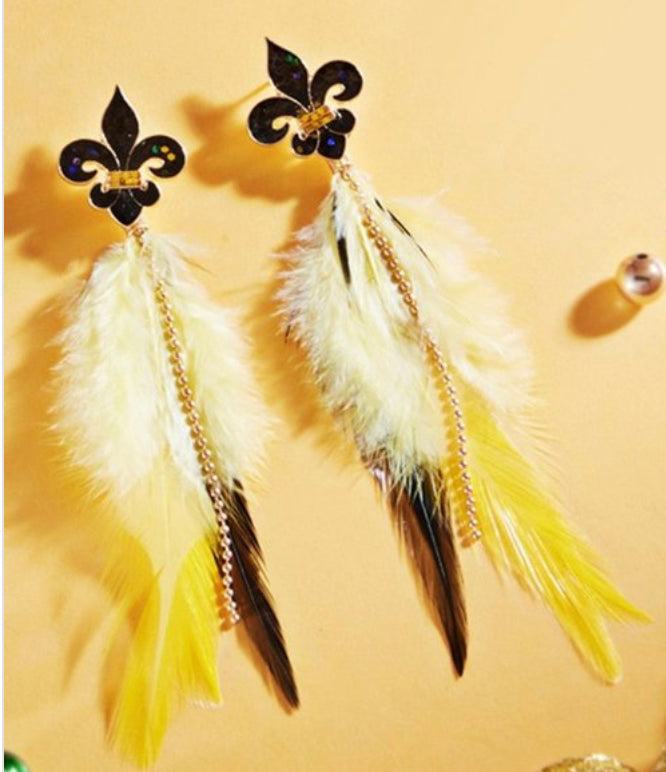 Mardi Gras Glittered Fleur de Lis Feather Dangle Earrings