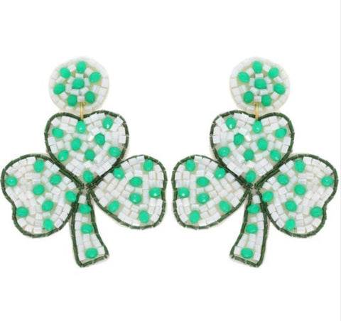 St. Patrick’s Day White Beaded Shamrock Earrings