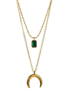 18K Gold Wrapped Double Layered Crescent Moon Green Stone
