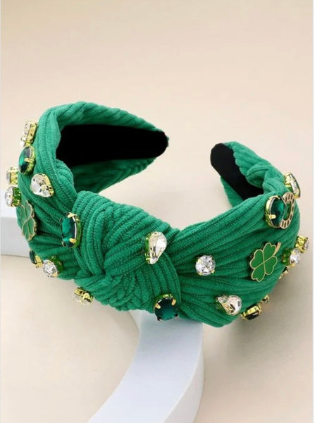 St. Patrick's Clover Horseshoe Teardrop Oval Round Stone Cluster Embellished Knot Headband