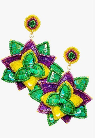 Mardi Gras Flower Sequin Seed Bead Lotus Post Earrings