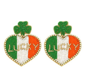 Irish Flag Lucky Heart St. Patrick’s Day Rhinestone Beaded Earrings