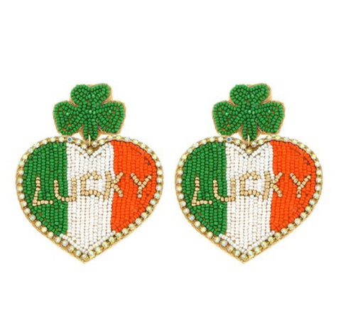 Irish Flag Lucky Heart St. Patrick’s Day Rhinestone Beaded Earrings
