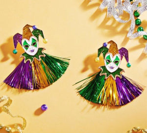 Mardi Gras Glittered Jester Pierrot Tassel Fringe Earrings