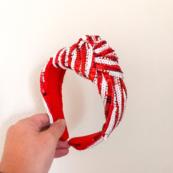Holiday Sequin Headbands - White and Red Peppermint Stripe