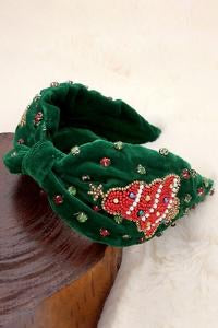 Green Velvet Christmas Tree Seed Beaded Holiday Top Knot Headband