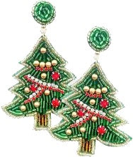 Rhinestone Christmas Tree Felt Back Beaded Message Dangle Earrings