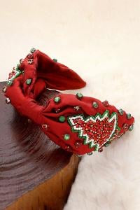 Red Christmas Tree Seed Beaded Holiday Top Knot Headband