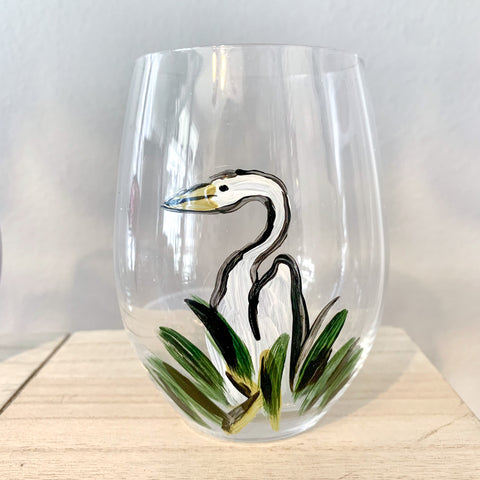 Crane in Grass Painted Wine Glasses