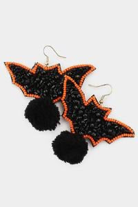 Bat Pom Pom Halloween Felt Back Beaded Dangle Earrings