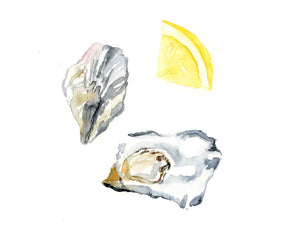 Oyster with lemon slice watercolor print