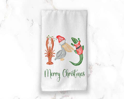 Christmas Hand Towel | Crawfish Pelican Alligator Santa: Merry Christmas