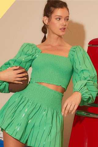 Sequin KELLY GREEN Smocked Puff Sleeve Cropped Top
