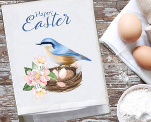 Dish Towel, Easter, Happy Easter Bluebird with nest and eggs