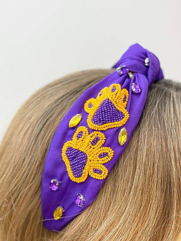 Paw Print Game Day Embellished Headband - Purple & Yellow