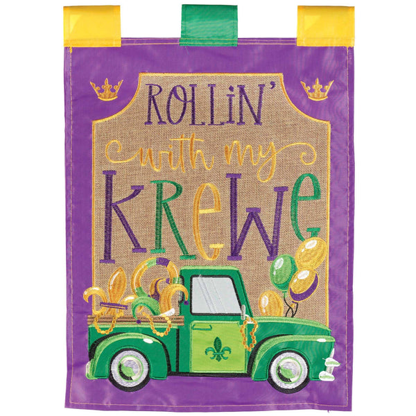 ROLLIN' WITH MY KREWE TRUCK BURLAP Garden Flag