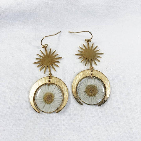 Kyrith - Brass Sun And Moon Daisy Dangle Earrings
