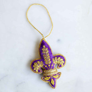 Embroidered Fleur de Lis Ornament   Purple/Gold   3x4.25