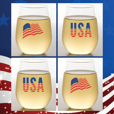 Set of 4 AMERICAN FLAG Shatterproof Stemless Wine Glasses