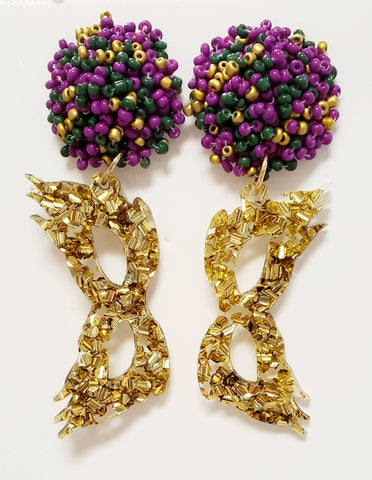 Gold Glitter Mask, Mardi Gras Acrylic Earrings Seed Bead Top