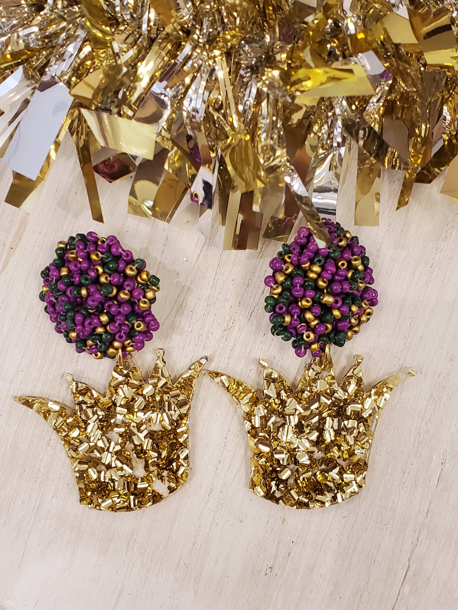 Crown, Gold Glitter, Mardi Gras, Acrylic Earrings Seed Bead