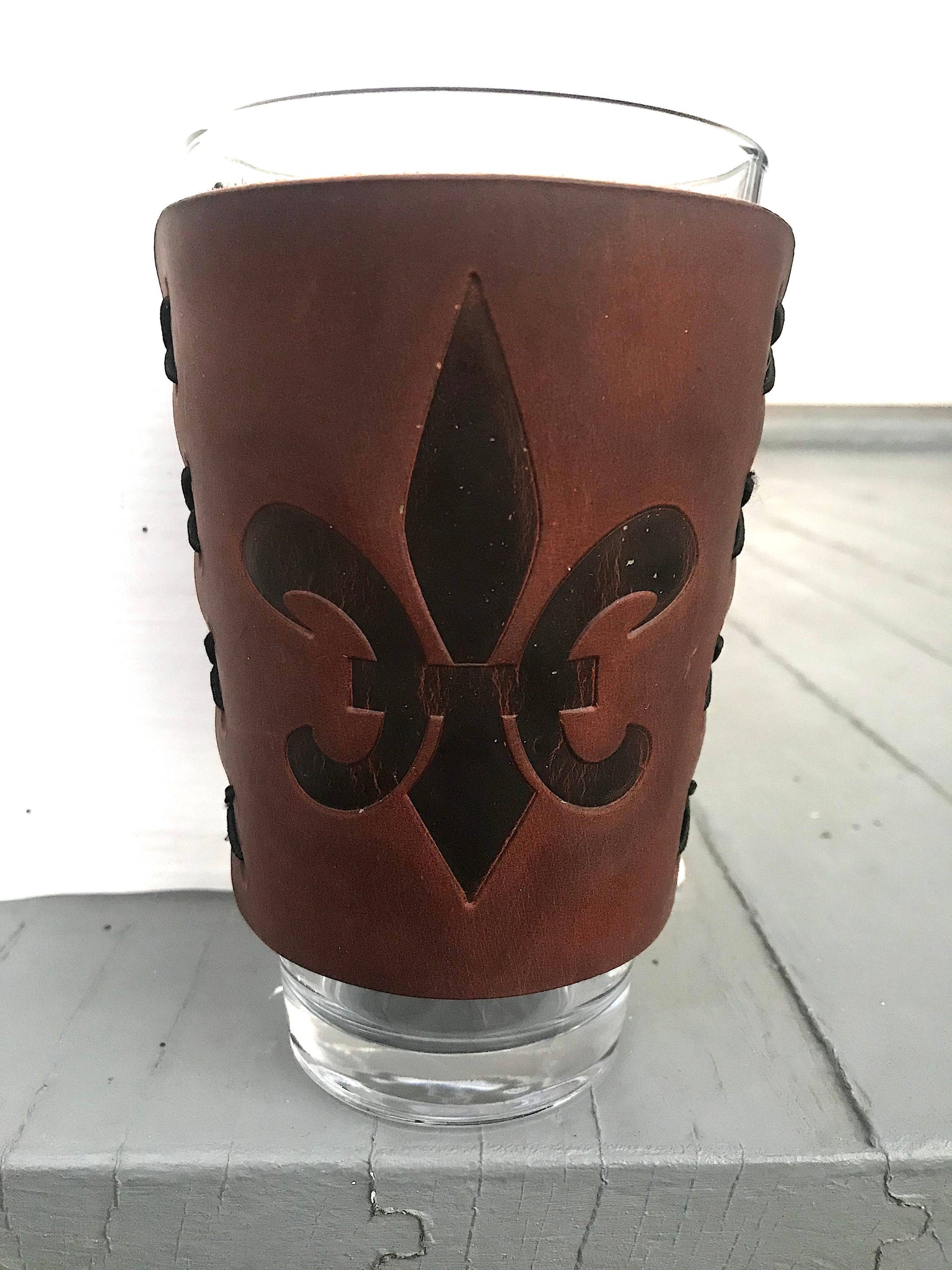 Leather Wrapped Pint Glass - Fleur De Lis