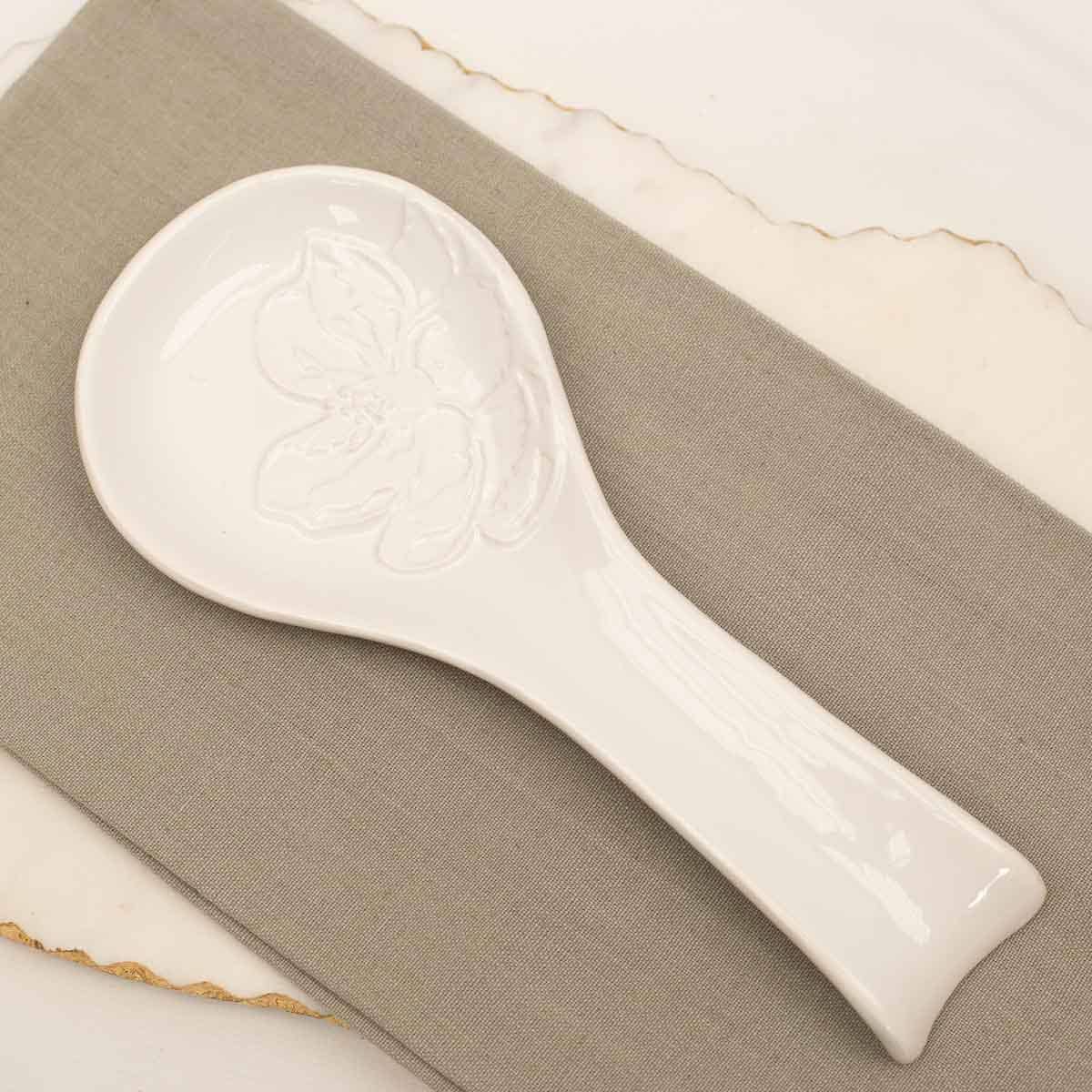 Magnolia Embossed Spoon Rest   White   4x9.5