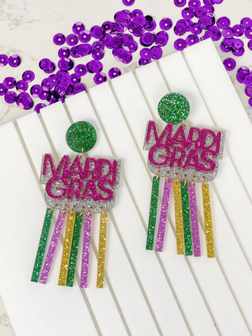 'Mardi Gras' Glitter Dangle Earrings