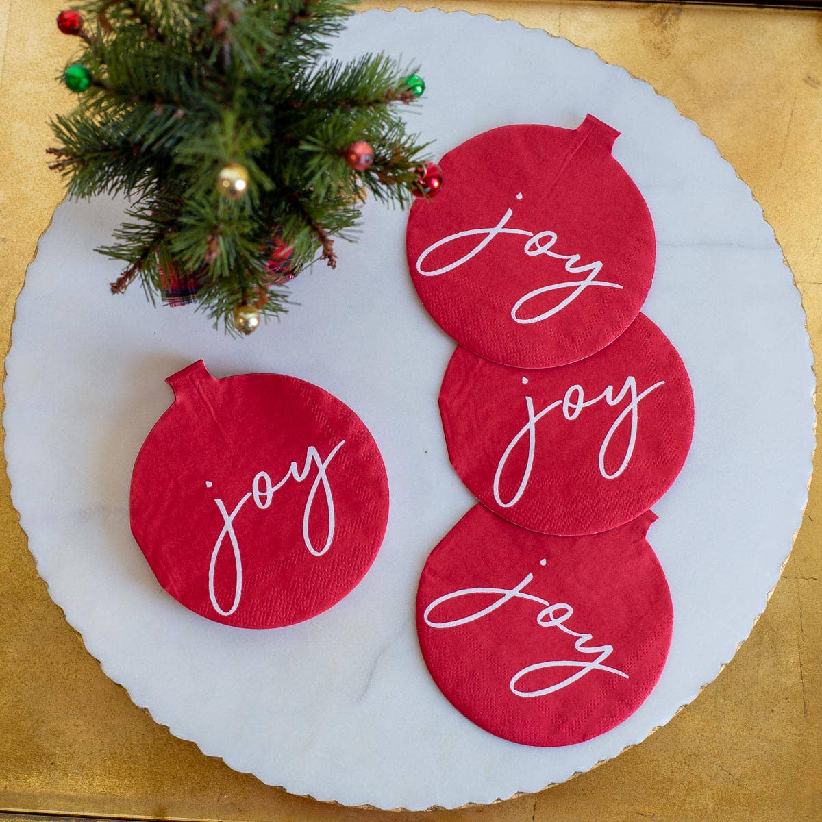 Joy Ornament Shaped Cocktail Napkins   Red/White   5"