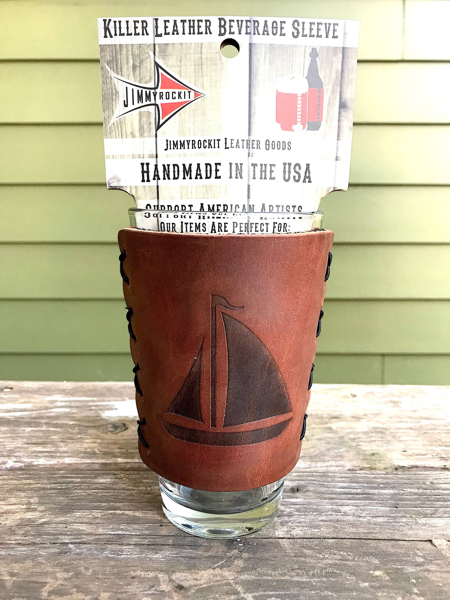 Leather Wrapped Pint Glass - Sailboat
