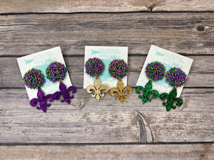 Purple Mardi Gras Cluster Bead Fleur de Lis Dangle Earrings