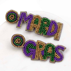 Poydras Mardi Gras Beaded Earrings   Purple/Green/Yellow   2.5"