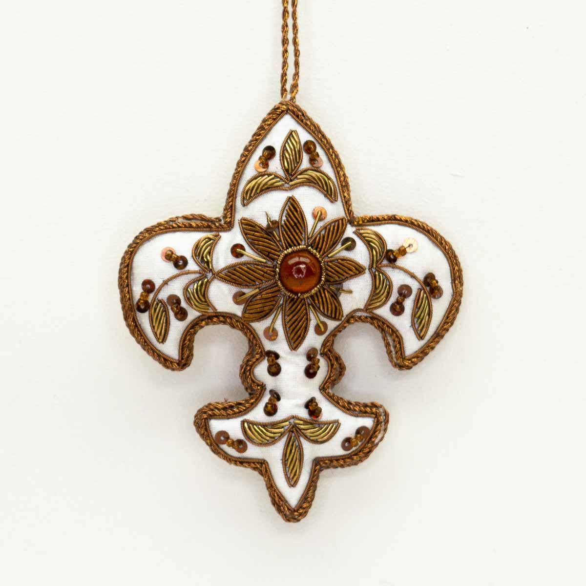 Fleur Beaded Ornament   Cream/Bronze   3.75x4.5