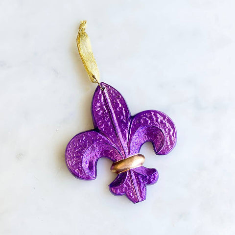 Fleur de Lis Glass Ornament Purple/Gold 4.75"