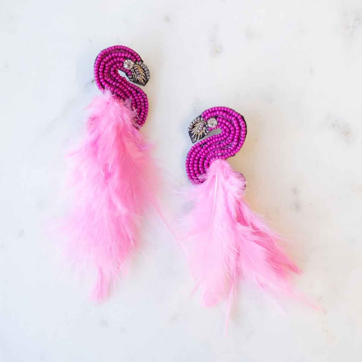 Feathered Flamingo Beaded Earrings 3"