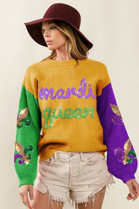 Metallic Lettering Fleur De Lis Patches Sweater, S-XL, MUSTARD/GREEN/PURPLE