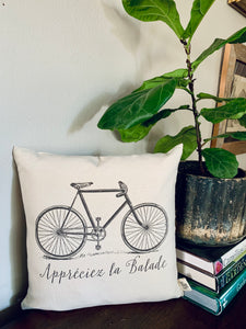 Appreciez la balade, “Enjoy the Ride” Vintage Bicycle Pillow, 14”x14” Pillow, Vintage French Farmhouse, Decorative couch pillow
