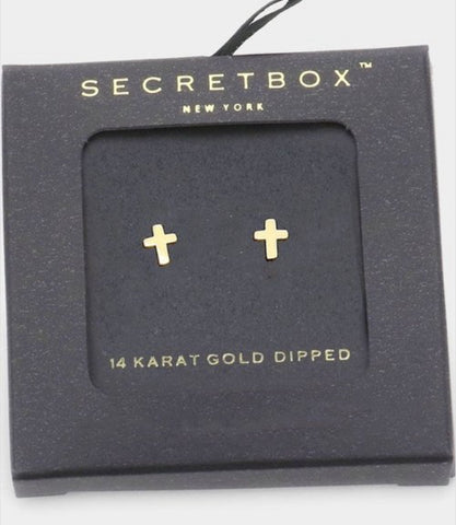14k Gold dipped cross stud earrings with secret box