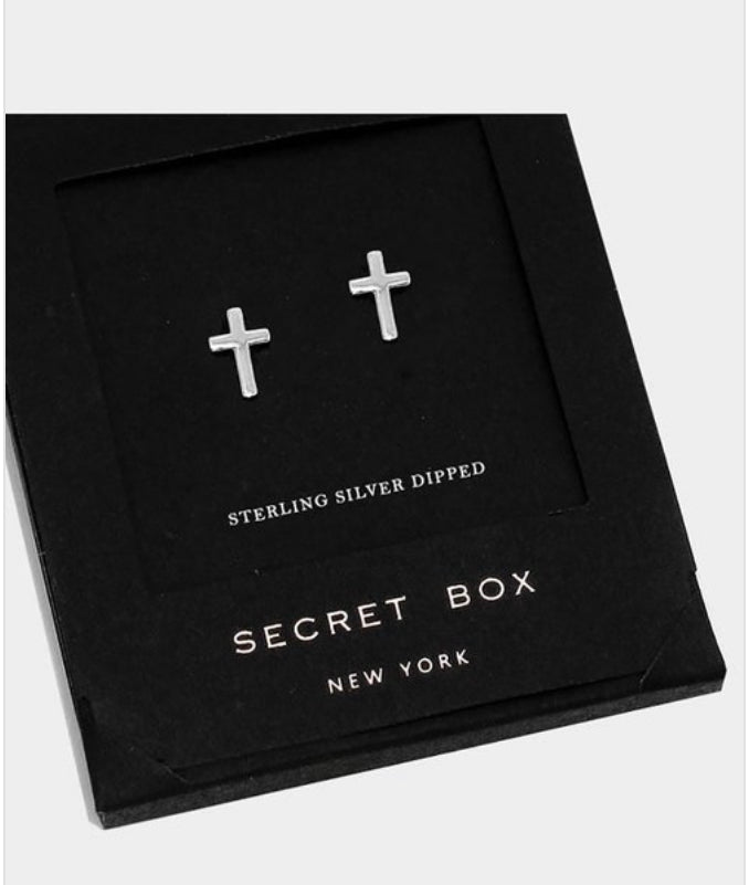 Silver dipped cross stud earrings with secret box