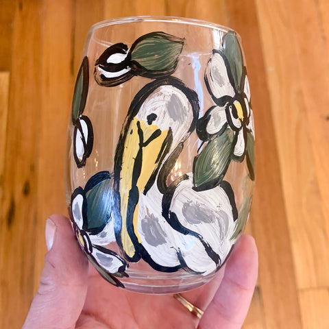 Pelican with Magnolia Painted Glasses