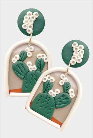 Cactus Detailed Polymer Clay Dangle Earrings