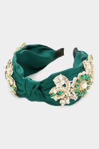 Pearl Rhinestone Embellished Flower Burnout Knot Headband